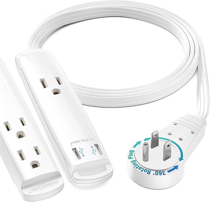 Maximm 3FT Rotating Flat Plug Extension Cord with 3-Outlet and 2 USB Ports, Grounded (White) UL Certified