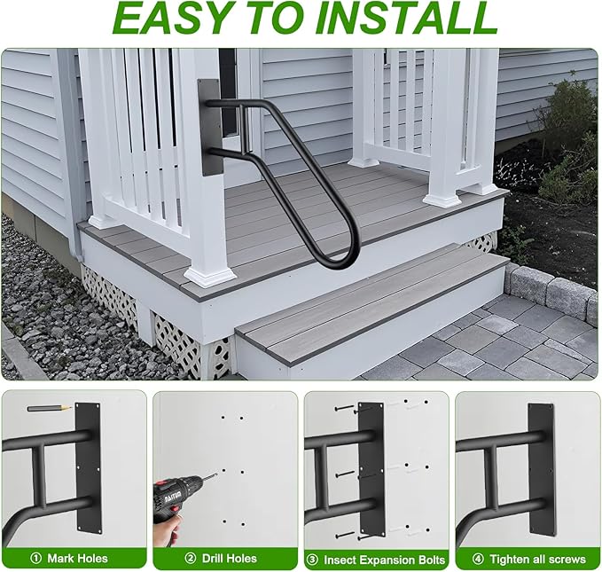 U-Shaped Safety Handrail for Stairs 1-3 Steps, Wall Mounted Handrails Indoor/Outdoor - 530lbs Load, Anti-Slip & Rust-Proof, Elderly & Disabled Assist at Porch, Deck, Bathroom