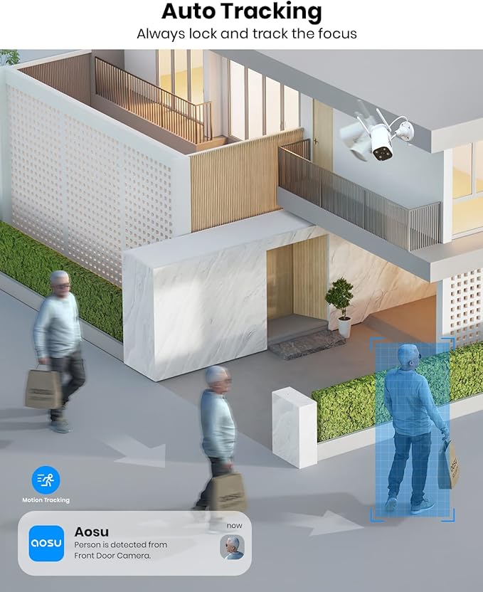 AOSU 2K QHD Security Camera Outdoor with Color Night Vision, Wired Home Security Camera Supports 24/7 Recording, Auto Tracking, Voice Changer, 2 Way Audio, 2.4/5 GHz WiFi, Works with Alexa/Google