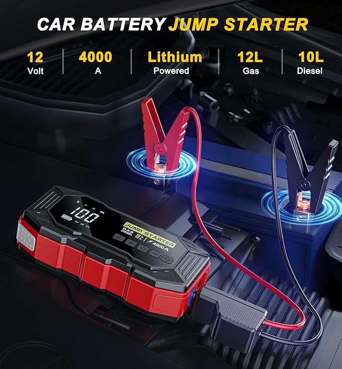 Jump Starter with Air Compressor, Portable Car Battery Jump Starter(12 Gas/10L Diesel), 4000A Peak 160PSI 12V Automobile Jump Box Pack Chargers with Jumper Cables, 4-Mode LED Lights, LCD Display