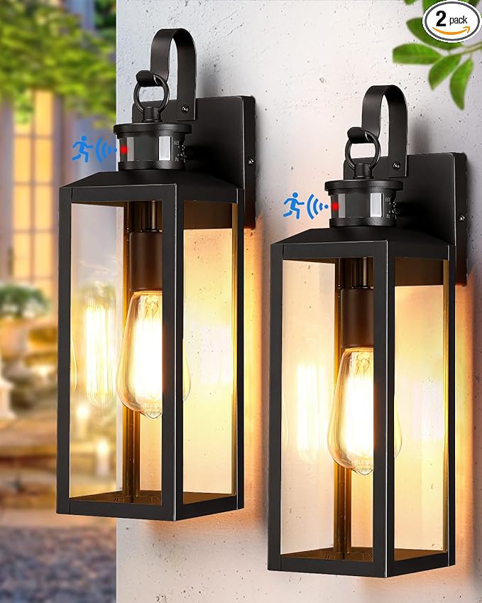 17'' Motion Sensor Outdoor Lights Wall Mount, Dusk to Dawn Exterior Light Fixture, Waterproof Anti-Rust Porch Light Outside Wall Lights for House, Black Wall Sconce Lanterns with Clear Glass, 2 Pack