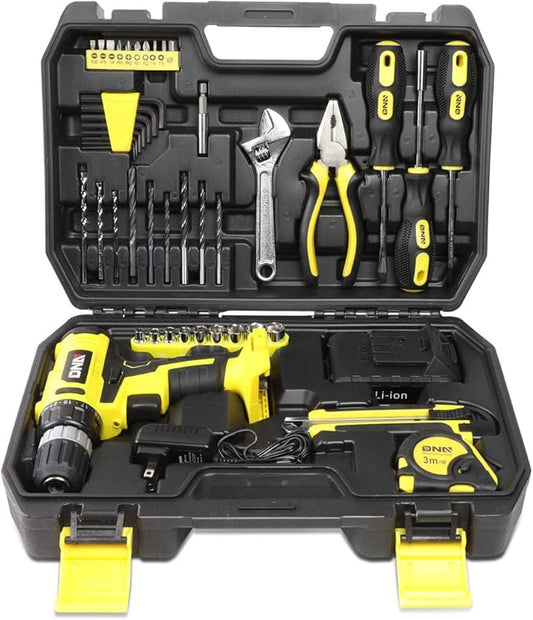 DNA MOTORING 46pcs 18V 1300mAh Cordless Drill Set, Drill Driver Home Tool Kits Combination Tool Set, Tool Kit with Drill For Home, DIY, Maintenance, Yellow, TOOLS-00019