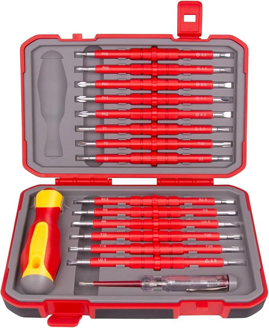 1000V Insulated Electrician Screwdriver Set, 29-pieces Screw Driver Set Kit, CR-V Magnetic Screwdriver Tool Set, Professional Electrician Tools Phillips Slotted Torx Hex Square with Voltage Tester