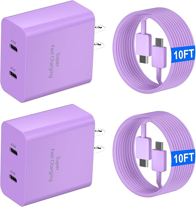 45W USB-C Super Fast Charger, 2-Port 45 Watt Type C Charger Fast Charging Block with 10FT USB C Cable Cord for Samsung Galaxy S25 Ultra/S25+/S25/S24/S23 Ultra/S23+/S22 Ultra/S22+/S20 Ultra-Purple