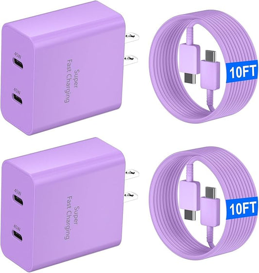 45W USB-C Super Fast Charger, 2-Port 45 Watt Type C Charger Fast Charging Block with 10FT USB C Cable Cord for Samsung Galaxy S25 Ultra/S25+/S25/S24/S23 Ultra/S23+/S22 Ultra/S22+/S20 Ultra-Purple