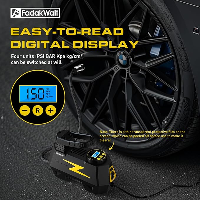 Tire Inflator Portable Air Compressor, DC 12V Tire Air Pump with LED and 150PSI Digital Pressure Gauge, Portable Tire Inflator for Car Tires, Motorcycles, Bike, Ball (Yellow)