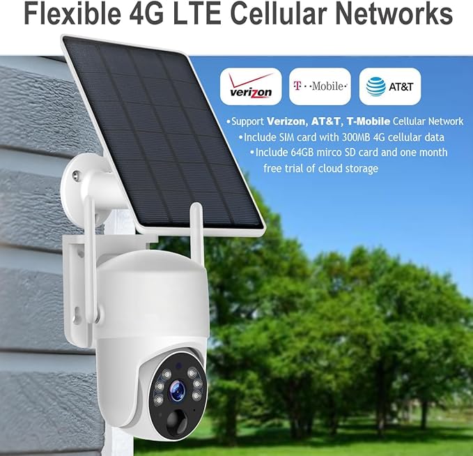 2K Solar Security Camera Outdoor, Wireless 4G/5G Cellular SIM Card (Verizon/AT&T/T-Mobile), AI Motion Detection & Siren, Unlimited Data, Amazon Cloud/Free Ultra Speed 32G Micro SD Card (4G SIM Card)
