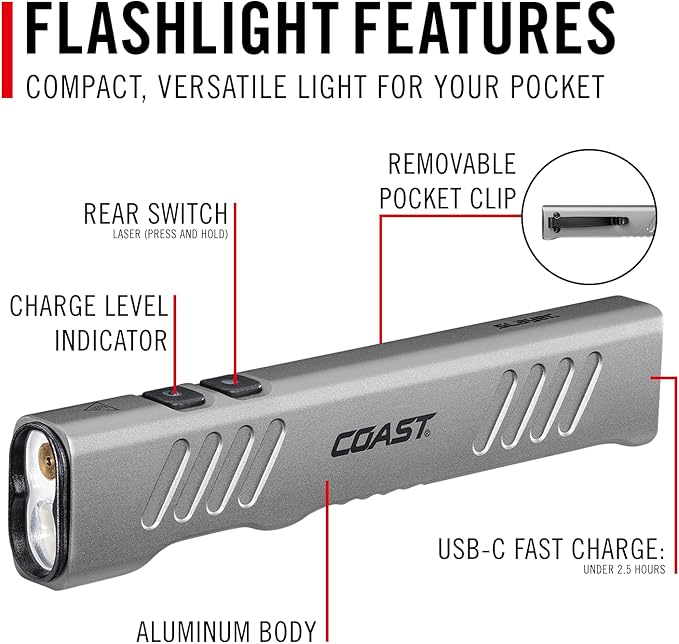 Coast Slayer Laser 1000 Lumen USB-C Rechargeable LED Flashlight with Pocket Clip - 5 mW Laser, 650 nm Wavelength