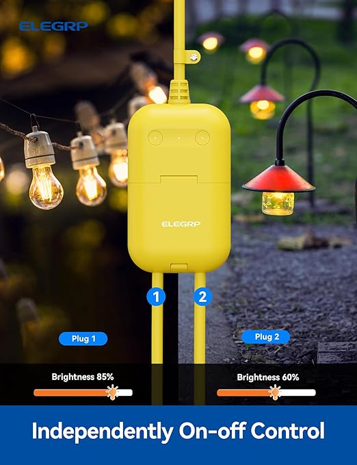 ELEGRP Outdoor Smart Dimmer Plug Waterproof IP66, Smart WiFi Plug with 2 Individually Sockets, Compatible with Alexa & Google Assistant, Outdoor Dimmer for String Lights, UL Listed, 2 Pack, Yellow