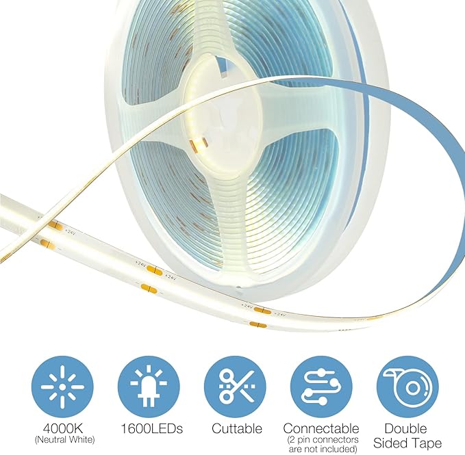 DAYBETTER COB LED Strip, 16.4 ft White LED Strip Lights, Dimmable LED Light Strip 4000K Bright Neutral White, 24V, 1600LEDs, 2835 Flexible LED Tape Light for TV, Bedroom, Kitchen Cabinet, Closet
