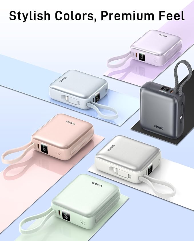 VINKO Small Portable Charger, 22.5W Fast Charging Mini Power Bank 10000mAh with Built-in Cables LED Display, Travel Essential USB-C Battery Pack Compatible with iPhone,Samsung,Android (Gray)