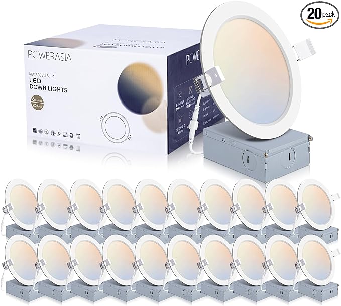 20 Pack 6 Inch LED Recessed Lighting with Junction Box, 5CCT 2700K/3000K/4000K/5000K/6000K Selectable, 15W 1200lm Ultra-Thin Recessed Downlight-ETL and Energy Star Certified