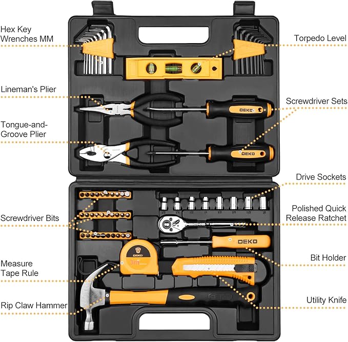 DEKOPRO 65 Pieces Tool Set General Household Hand Tool Kit with Storage Case Plastic ToolBox