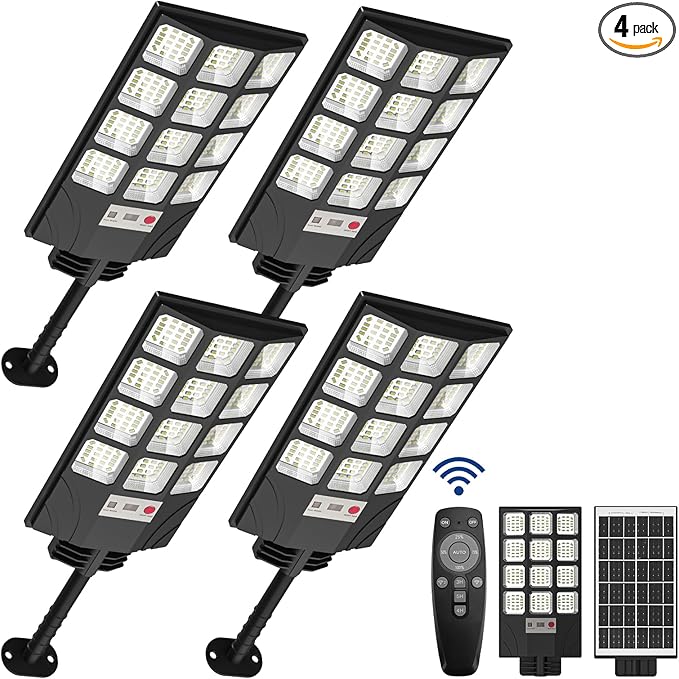 Solar Street Lights Outdoor, 10000K LED, Waterproof IP65, Motion Sensor, Dusk to Dawn, Easy Install for Yard, Parking Lot, Commercial Lighting, 4 Pack