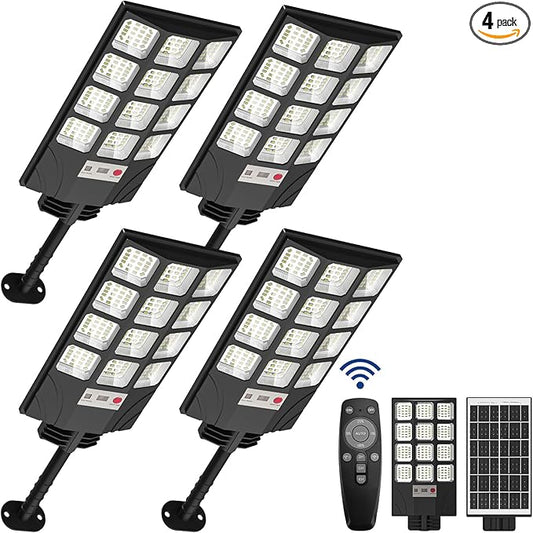 Solar Street Lights Outdoor, 10000K LED, Waterproof IP65, Motion Sensor, Dusk to Dawn, Easy Install for Yard, Parking Lot, Commercial Lighting, 4 Pack