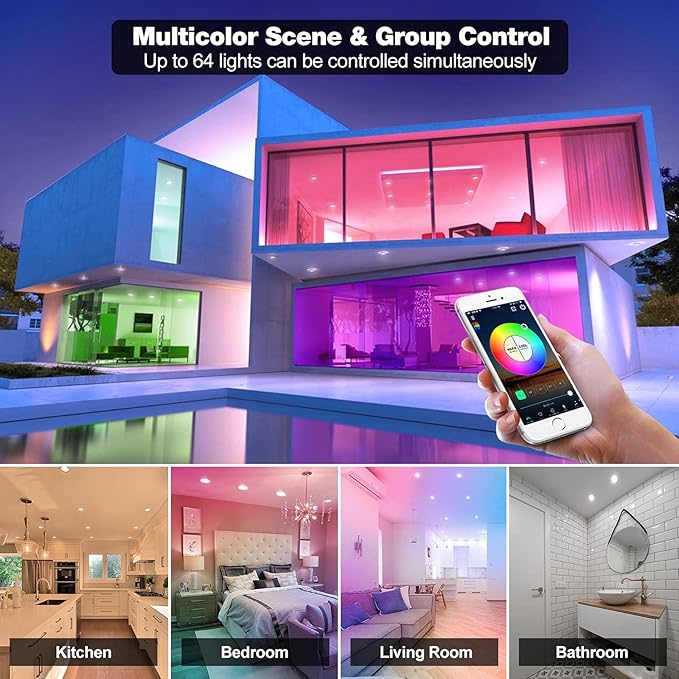 3" Smart Recessed Light 12Pack, Compatible with Alexa Google Home, WiFi & Bluetooth, RGBCW, 2700K~6500K CCT Selectable, Dimmeble, Multicolor, 3 Inch Remote Control Can-Killer LED Downlight