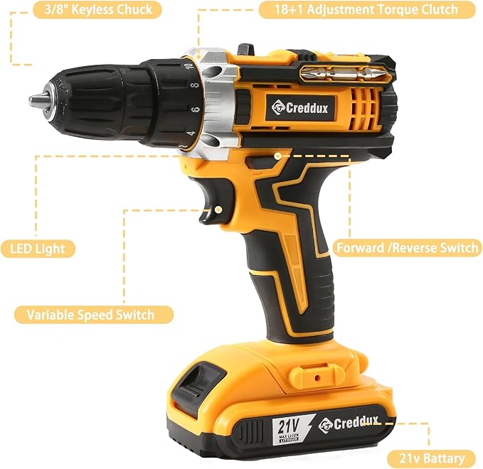 Cordless Drill Set 21v Power Drill Cordless With Battery & Charger, 84pcs Accessories Electric Drills Variable Speed, 3/8" Keyless Chuck, Built-In Level and 2 Driver orange kit