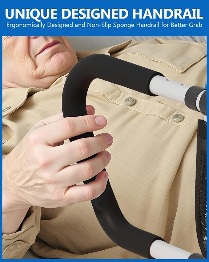 Bed Rails for Elderly Adults Seniors Adjustable Height Safety Rail with 400 Lbs Capacity, Non-Slip Handle & Smart Night Light, Fall Prevention Grab Bar for King Queen Full Twin Beds White