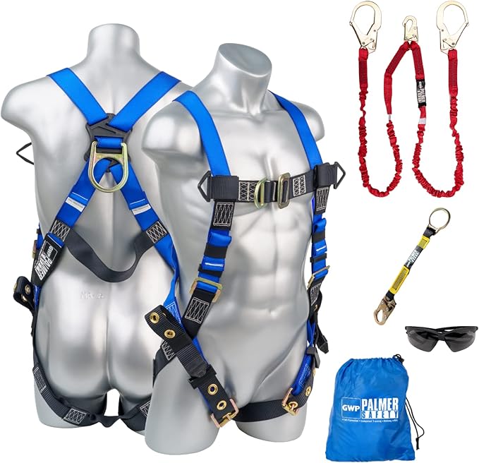 Palmer Safety Full Body Harness 5pt Adjustment, Front & Back D-Ring, Grommet Legs, and Fall Indicators