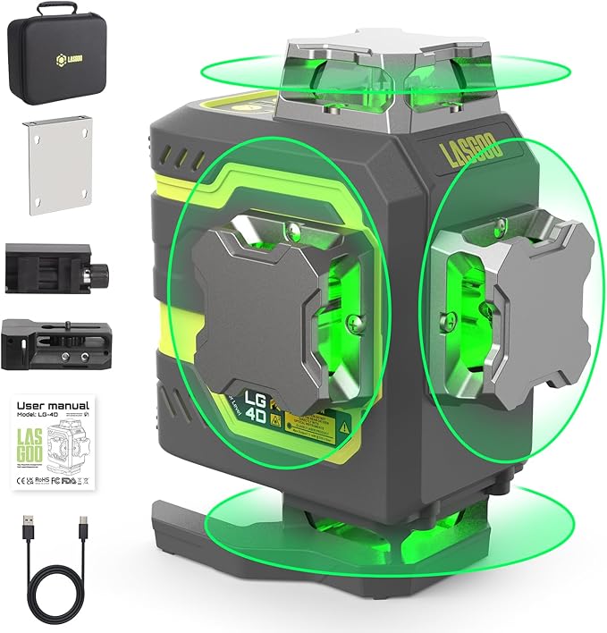 LG-4D 16 Green Beam 4x360° Laser Level, Self-Leveling Tool with Horizontal and Vertical Dual Layout, Ideal for Construction and Picture Hanging, Magnetic Pivot Bracket Included