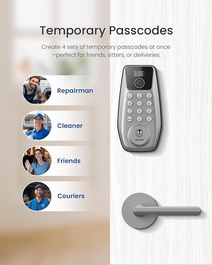 DESLOC C110 Keyless Entry Door Lock with 2 Lever Handles&Smart Screen, Digital Smart Front Door Lock Set, Fingerprint Door Locks, Keypad Deadbolt, Auto-Lock, Backlit Keys, Passage Mode, IP54 Silver