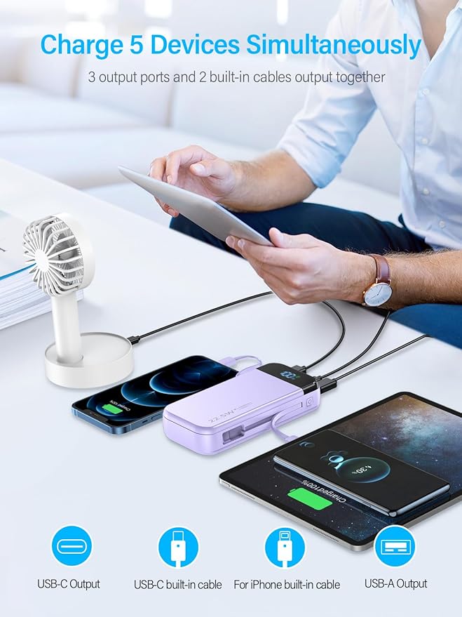 Portable Charger 32000mAh, 22.5W QC 3.0 PD 20W Smart LED Display Fast Charging Built in Cables Power Bank, External Battery Pack Charge 5 Devices Compatible with Cellphones (Purple)
