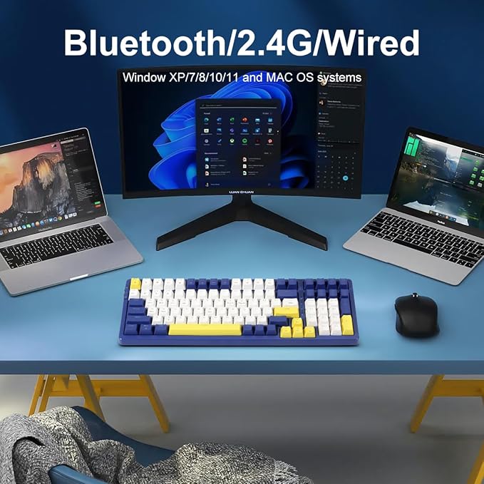 Wireless Mechanical Keyboard, Triple Mode 2.4G/USB-C/BT Gaming Keyboards 100 Keys Ice-Blue Backlit, Red Switch Keyboard | Rechargeable Mechanical Gaming Keyboards | Blue/White/Yellow
