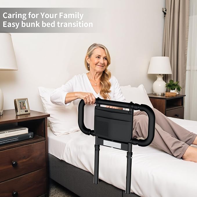 Bed Rails for Elderly Adults Safety: Elderly Assistance Products with Adjustable Double Grips, Storage Pocket, Motion Sensor Light, Items for Elderly Bed Rail, Can Withstand 300lb(Black)