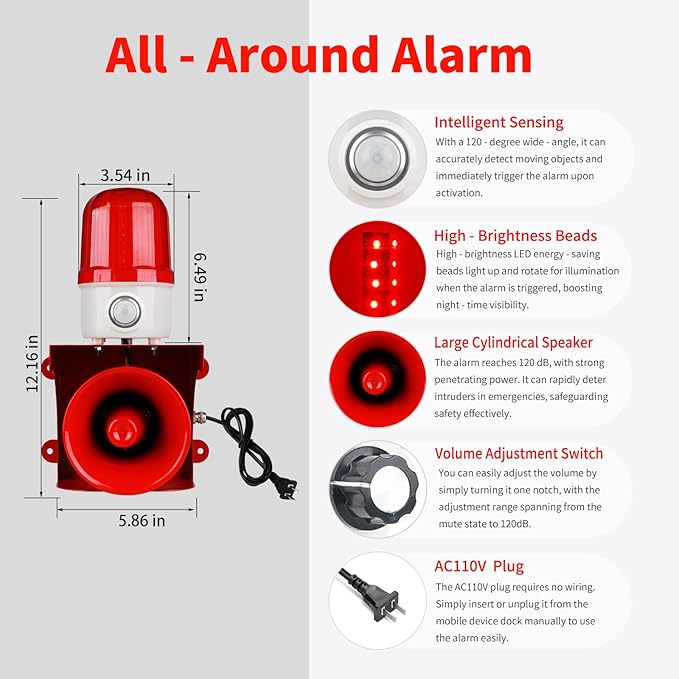 Motion Sensor Alarm with Human Detection,120dB Adjustable Siren & LED Strobe Lights Outdoor Security Alarm for Home Theft,Animal Intrusion,Garden Protection,Property Protection,AC110V with Plug