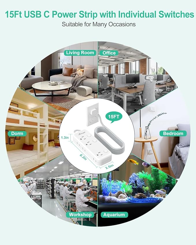 15FT Surge Protector Power Strip with Individual Switches 6 Outlets 3 USB(17W USB C), Ultra Thin Flat Plug Braided Cord, Wall Mount Extension Cord with Overload Protection for Home Office Dorm 1625W