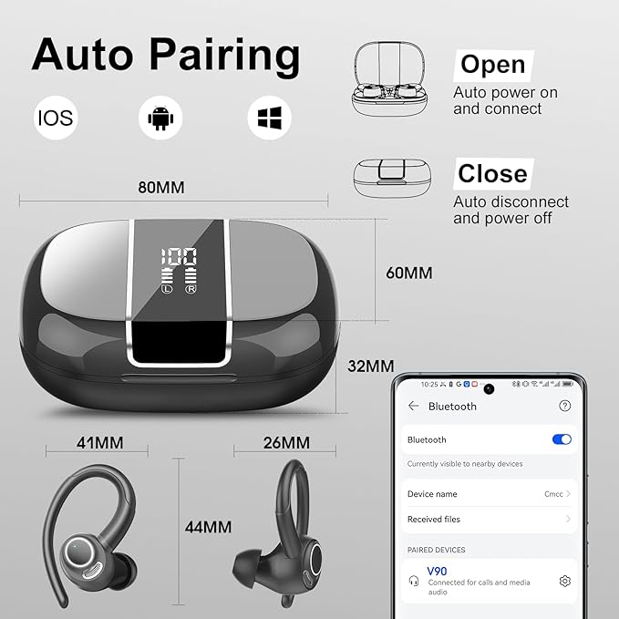 Wireless Earbuds Bluetooth 5.3 Headphones Sports, 48Hrs Playtime Bluetooth Earbuds with CVC 8.0 Mic, Stereo Bass Over Ear Bud with Earhooks, LED Display, IP7 Waterproof Earphon for Running Gray