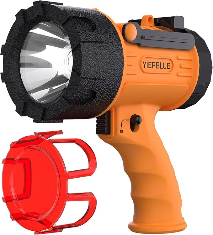 YIERBLUE Rechargeable Spotlight,Handheld Rechargeable Flashlight 200,000 Lumens LED, IP67 Waterproof 12 Hours Running for Boating, Camping, Hunting