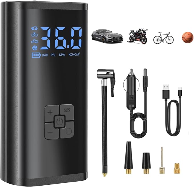 Kairiyard Tire Inflator Portable Air Compressor, 150 PSI Rechargeable Auto Air Pump for Car Tires 12V DC Electric Cordless Tire Pump with Digital Pressure Gauge for Car Motorcycle Bike Ball