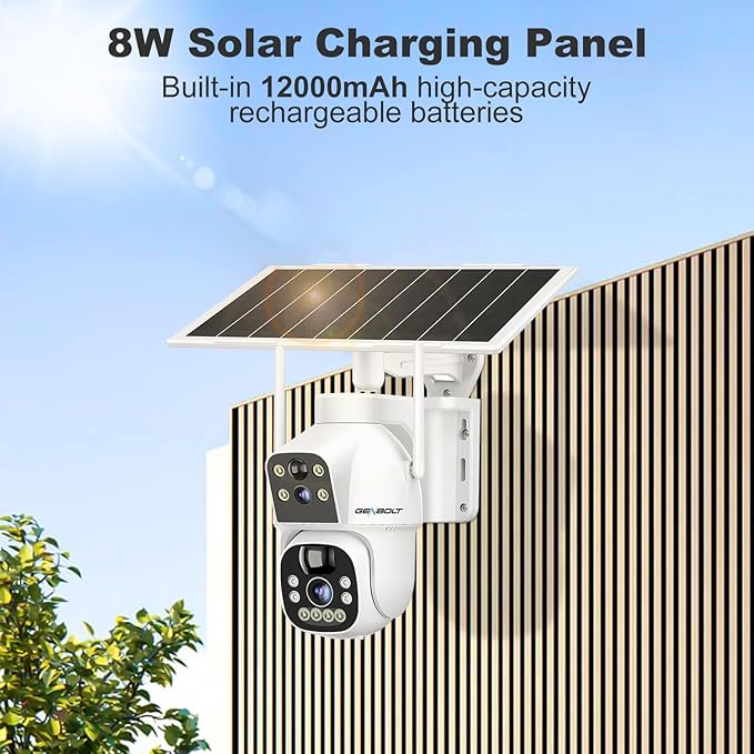 GENBOLT Solar WiFi Security Camera Outdoor Wireless, 8W 15600mAh Battery Powered Home Surveillance Cam CCTV with Dual View, Dual Lens Spotlight IP Cam with Color Night, PIR Detection