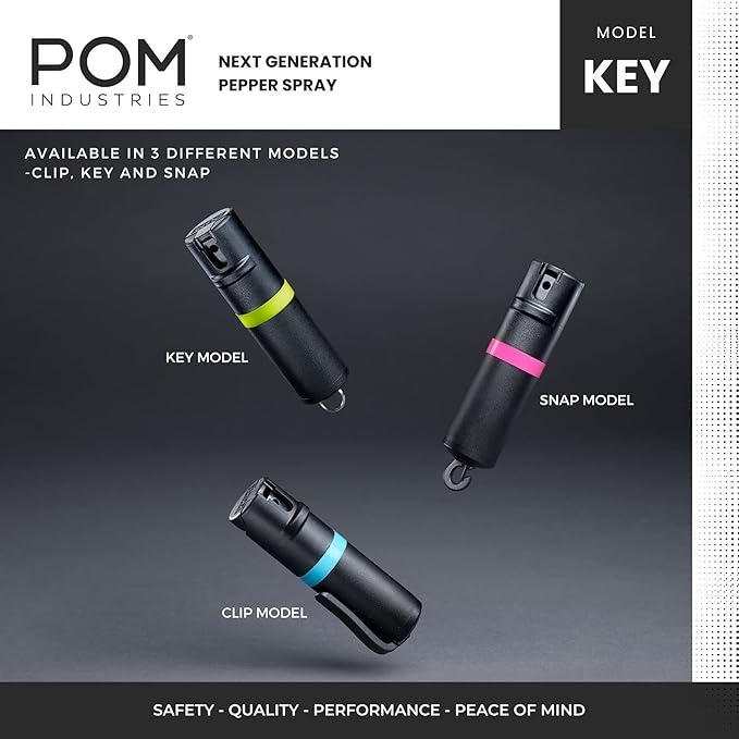 POM Pepper Spray Keychain, Quick Key Release for Instant Access, Flip Top Safety, Maximum Strength OC Formula with UV Marking Dye, 25 Bursts, 10 ft Range, 0.5 fl oz