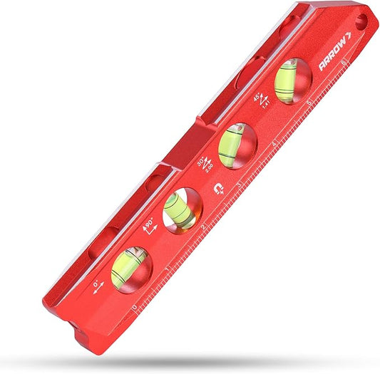 ARROW 8-Inch Torpedo Level, Magnetic Level Tool with 0°/30°/45°/90° Bubbles, Top-view Windows, Aluminium Alloy Frame, Dual Metric and SAE Scales