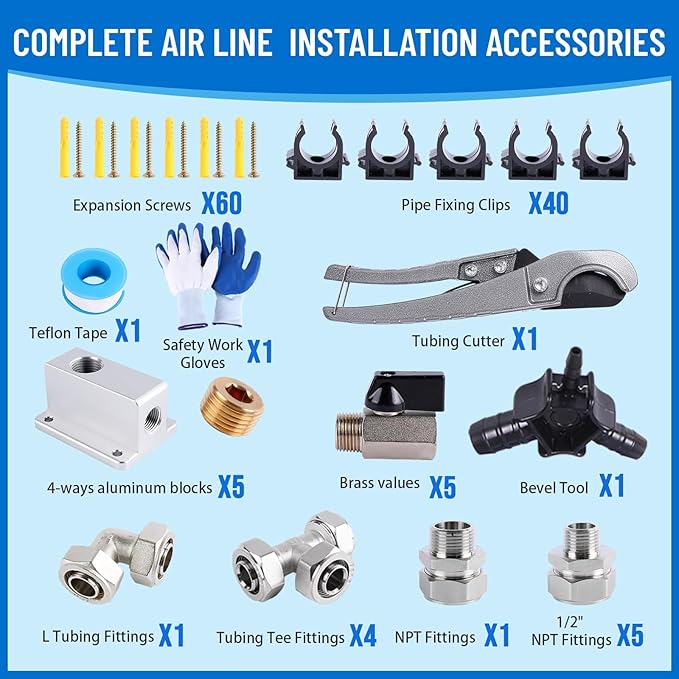Shop Air Line Kit 3/4"×100'&200'&300' Compressed Air Line Kit, HDPE-Aluminum Piping Rapid Air System Garage Air Compressor Accessories Leak-Proof & Easy to Install