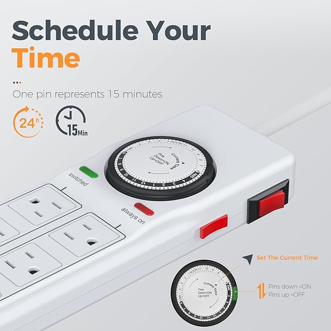 TESSAN 8 Outlets Power Strip with Timer (4 Sockets Timed, The Others Always On), 4 FT Extension Cord with Multiple Outlets, 900J Timer Surge Protector Power Strip with Switch for Plant Aquarium Light