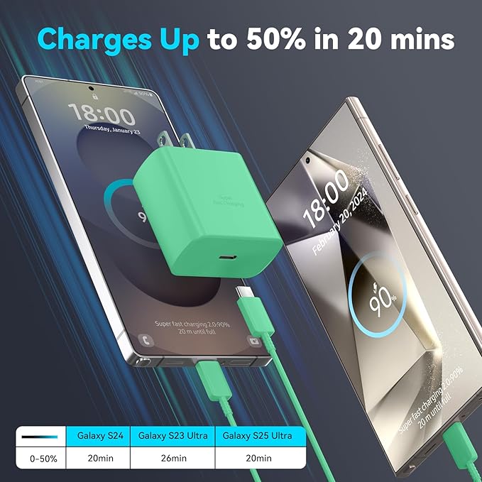 45W Samsung Super Fast Charger Type C,USB C Fast Charger 6.6ft Cable Cord Android Phone Charger Block for Samsung Galaxy S24 Ultra/S24/S24+/S23 Ultra/S23/S23+/S22/S21/S20/Note 10/20,deep Green