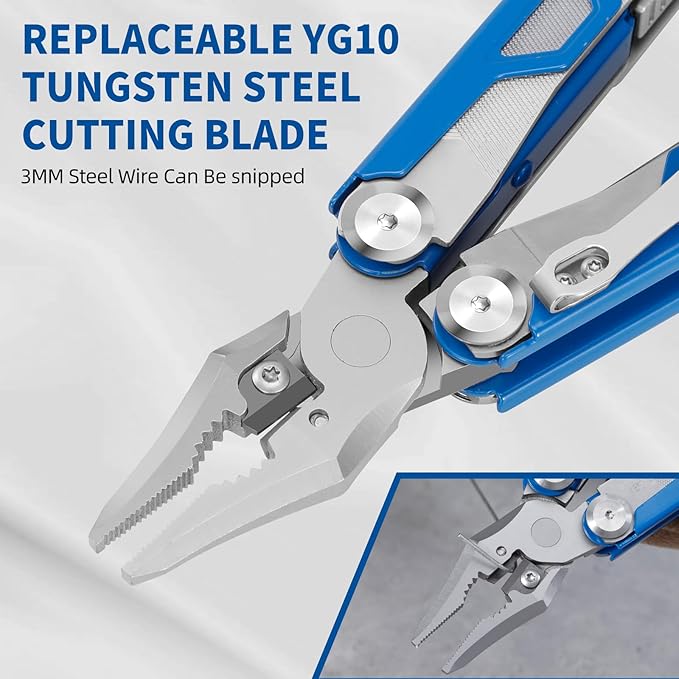 HANSHI 15 in 1 Multitool Pliers with Scissors, Upgraded Heavy Duty Stainless Steel Multi Tool with YG10 Tungsten Steel Replaceable Wire Cutters for Survival, Camping, Hiking,Repair and Gift (Blue)