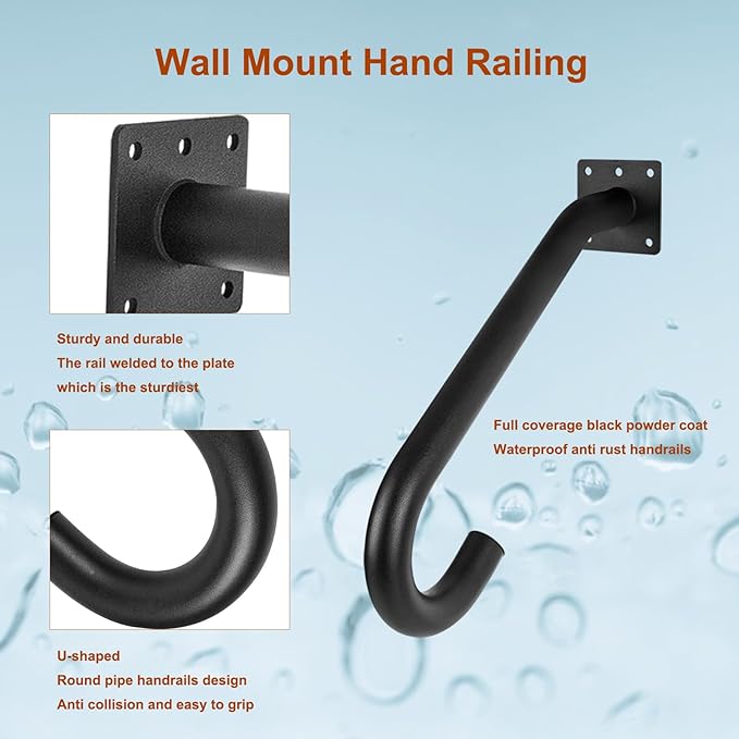 2PCS Hand Rails for Outdoor Steps, Outdoor Handrail Safety Grab Bar for Stairs Wall Mounted U Shaped Handrail 1.25" Tube Hand Railing for Garage Entry