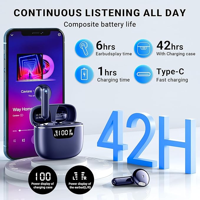 Wireless Earbuds, Bluetooth 5.4 Headphones with 42H Ultralight Ear Buds,Bluetooth Earbuds with 4 ENC Noise Cancelling Mics, HiFi Deep Bass Dual LED Display USB-C, Waterproof Earphones Blue