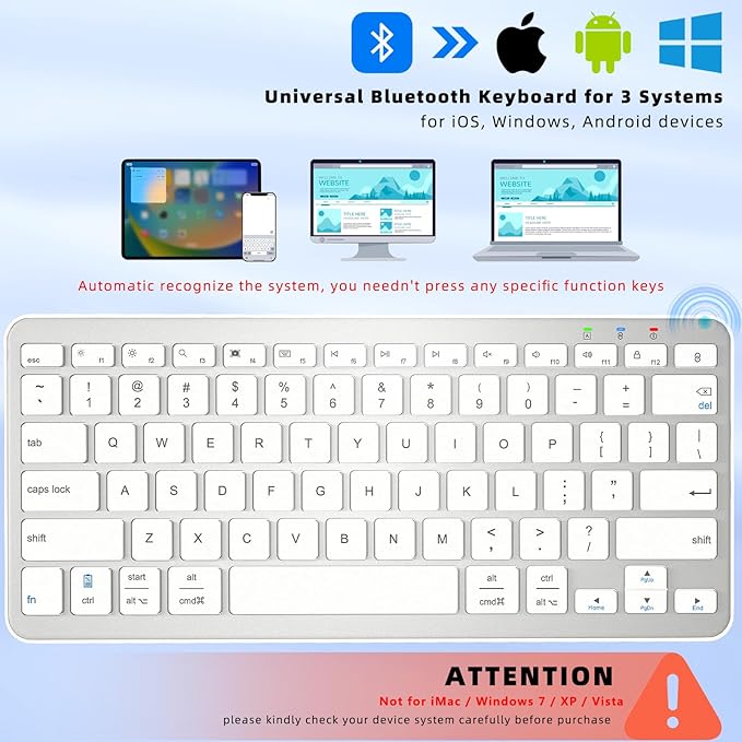 Bluetooth Keyboard, Ultra-Slim Wireless Keyboard for iPad, Rechargeable Ergonomic Computer Keyboard for iOS, Android, Windows PC Tablets Phone, White Silver