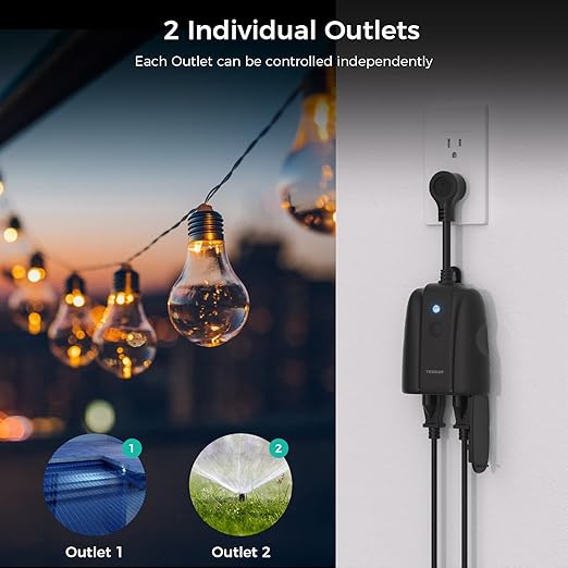 Outdoor Smart Plug Waterproof, TESSAN Smart WiFi Outlet Compatible with Alexa, Google Assistant, 2 Individual Sockets Outside Power Strip with Switch, 2.4GHz Wi-Fi Only, for Lights and 2HP Pool Pump