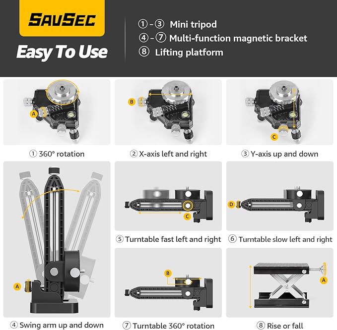 Laser Level 360 Self Leveling, SAVSEC Rechargeable (Up to 37H) 4D Lazer Leveler Tool Kit, 16 Lines Green Leveler Tool Rechargeable/Stepless Dimming/Remote Control/Switchable for Home & Outdoor