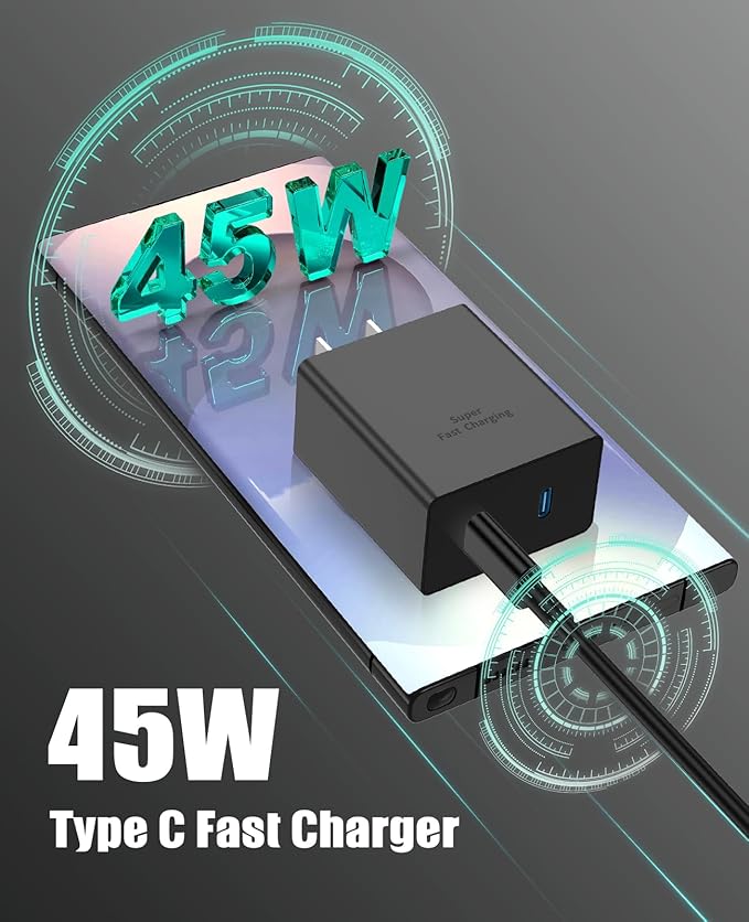 2Port 45W Super Fast Charger Type C for Samsung S25 Ultra/S24, PD3.0 USB C Android Phone Charger Fast Charging Block with 6FT/10FT Type C Cord for Samsung Galaxy S25+ Plus/S24+/S23/S22 Ultra/iPhone 16