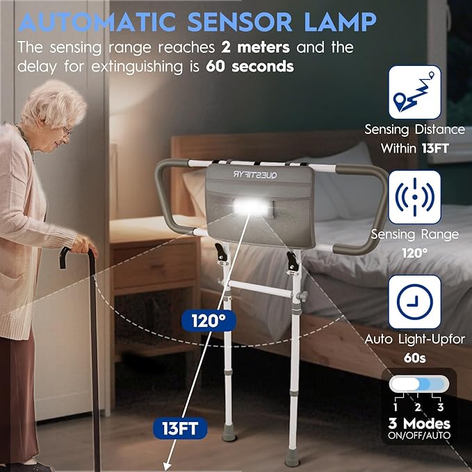 Bed Rails for Elderly Adults Safety – Foldable & Adjustable Bed Assist Rail with Motion Sensor Light & Storage Pouch, Non-Slip Handle, Tool-Free Assembly, Fits King, Queen, Full, Twin Beds
