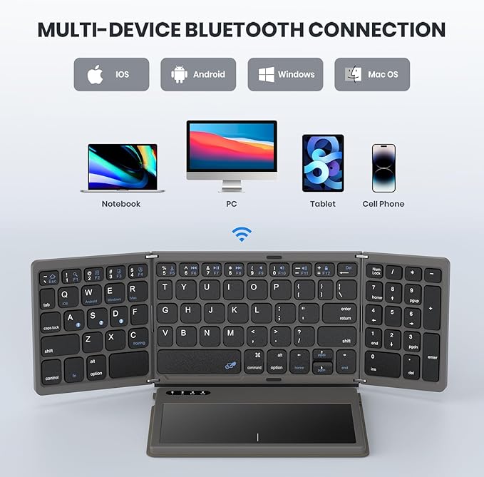 Foldable Bluetooth Keyboard, Portable Full Size Folding Keyboard with Large Touchpad, Numeric Keypad, PU Leather, Wireless TravelKeyboard for Windows iOS Android Mac(Grey)