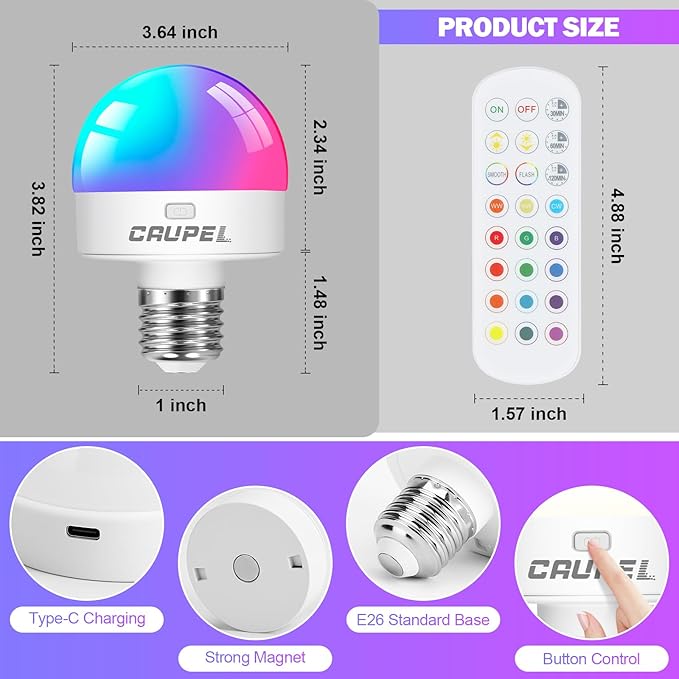 RGBCW Rechargeable Battery Operated Light Bulbs, E26 Detachable LED Bulb with Remote Control, 40W Equivalent, 500Lum, 3 Color Temperatures, 15 RGB, Emergency Light Bulbs for Home, Outdoor, 4 Pack