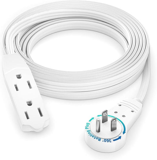Maximm Cable 12 Ft 360° Rotating Flat Plug Extension Cord/Wire, 16/3 AWG Multi 3 Outlet 3-Prong Grounded Wire- White - UL Certified